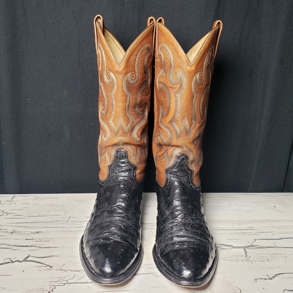 Tony Lama Full Quill Ostrich Cowboy Boots in Black & Cognac  - Men's size 10 D